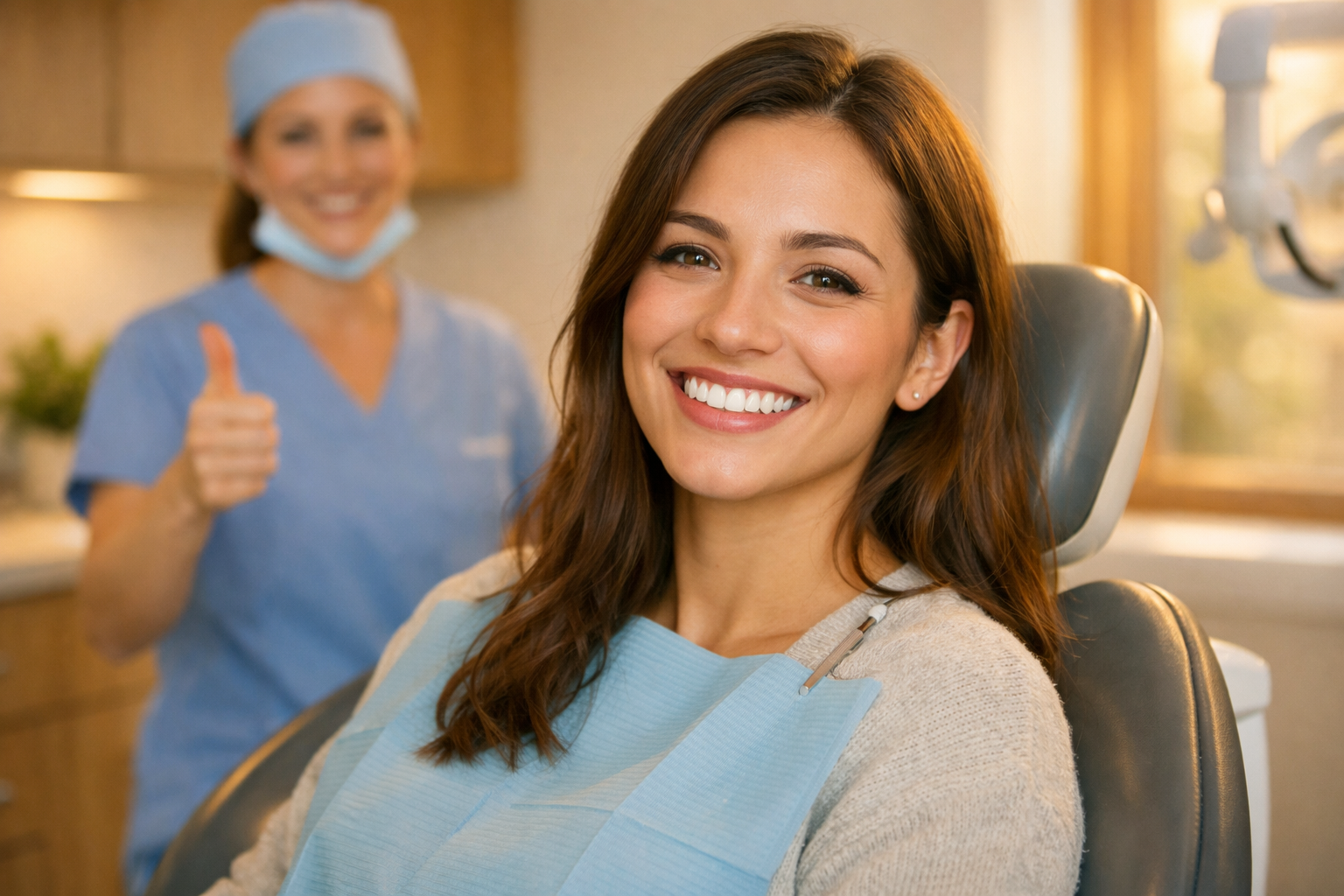 Patient smiling after professional teeth whitening at a modern dental office in Denville NJ