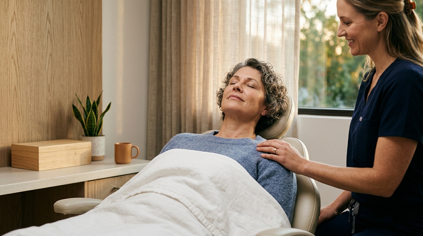 Relaxed patient resting comfortably in a dental chair during a sedation dentistry visit at a Denville NJ office