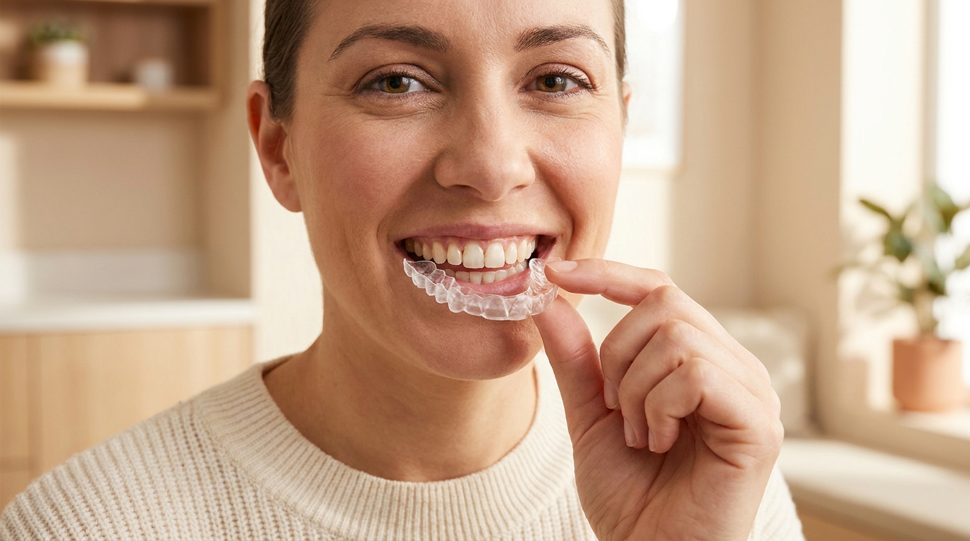 A smiling adult patient holding a clear Invisalign aligner tray at a Denville NJ dental office