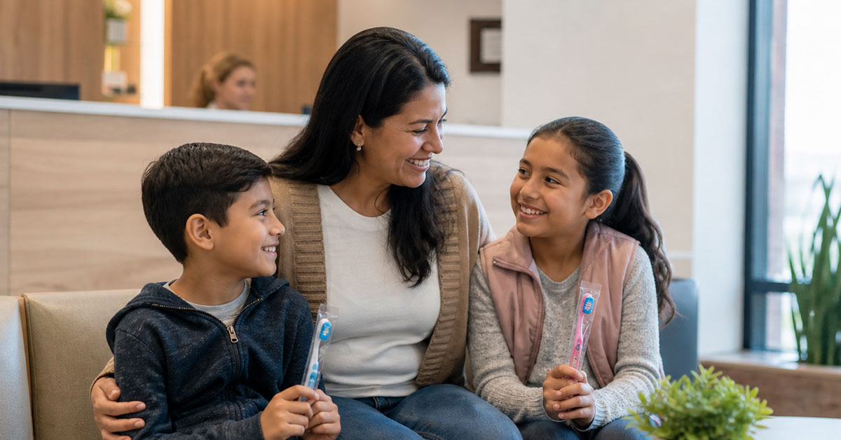 Family of three smiling together after a cavity prevention checkup at a Denville NJ dental office