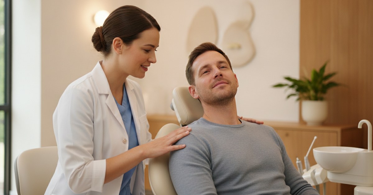 Caring emergency dentist reassuring a relieved patient at Aesthetic Family Dentistry in Denville NJ