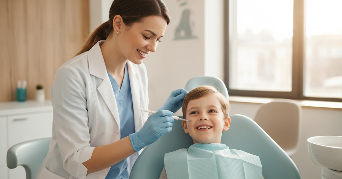 Pediatric dentist applying dental sealants for kids at a Denville NJ dental office