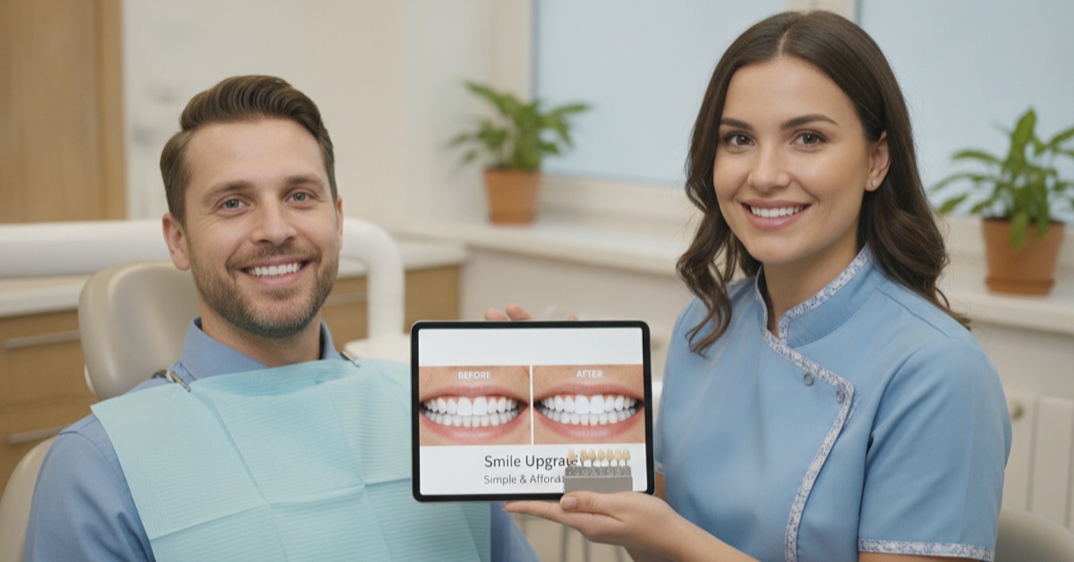 Cosmetic dentist in Denville NJ showing a patient a tooth-colored dental bonding result on a tablet in a calm, modern dental office.