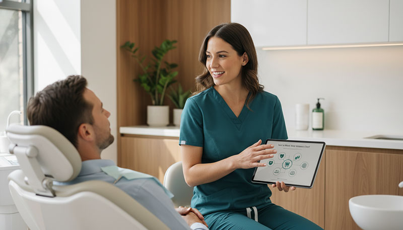 Holistic dentist in Denville NJ reviewing mercury-free, whole-body dental care options with a relaxed patient in a calm modern office.