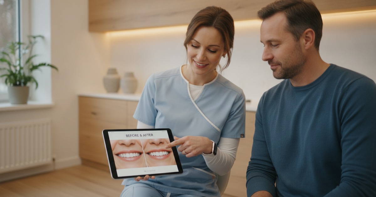 Cosmetic dentist in Morris County NJ reviewing smile makeover options with a relaxed, smiling patient in a calm, modern dental office.