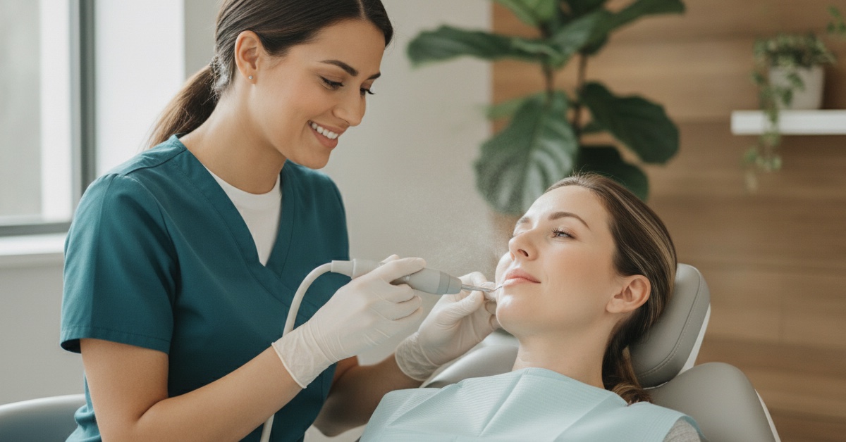 Dental hygienist performing a gentle teeth cleaning for a relaxed patient during a routine dental exam in a warm, modern Denville NJ dental office.