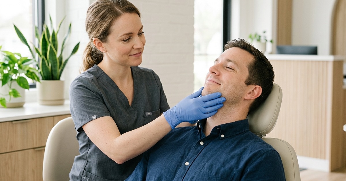 Dentist gently examining the jaw of a relaxed patient during a TMJ consultation in a warm, modern Denville NJ dental office.