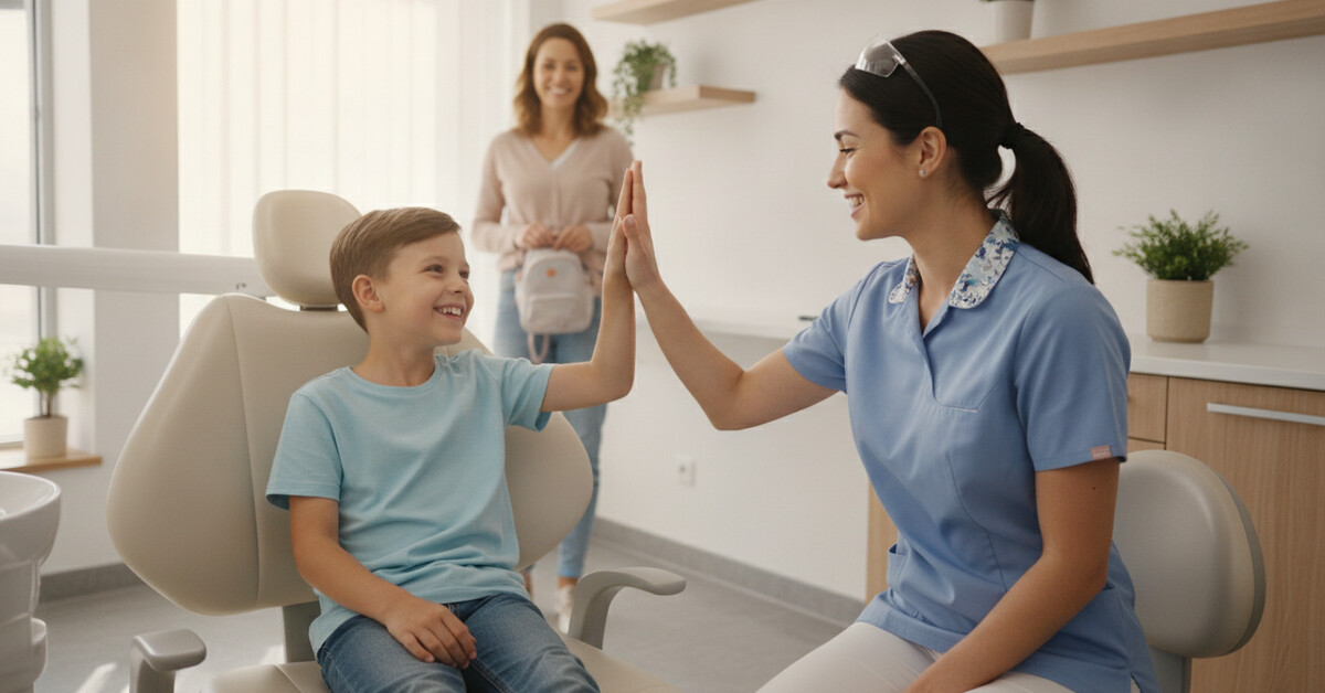 Smiling child in a dental chair giving a high-five to a friendly dentist while a parent looks on in a warm, modern Denville NJ family dental office.