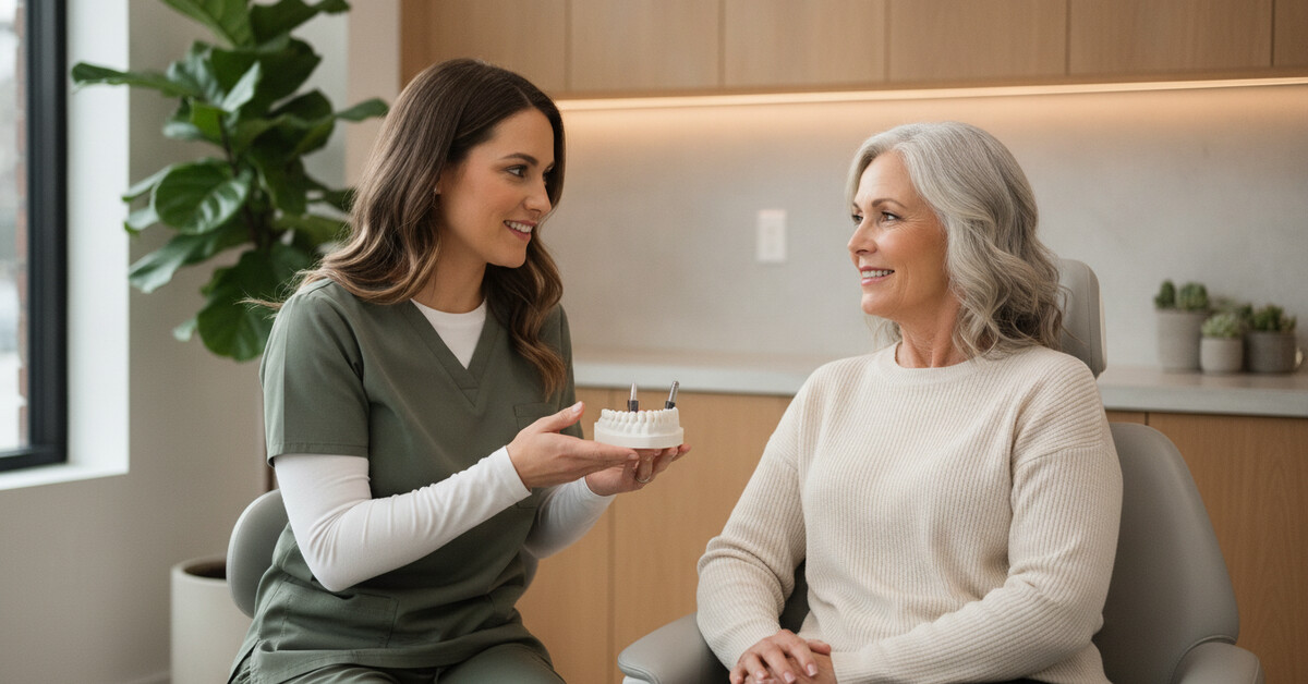 Dentist showing a small dental implant model to a smiling mature patient in a warm, modern Denville NJ dental office.