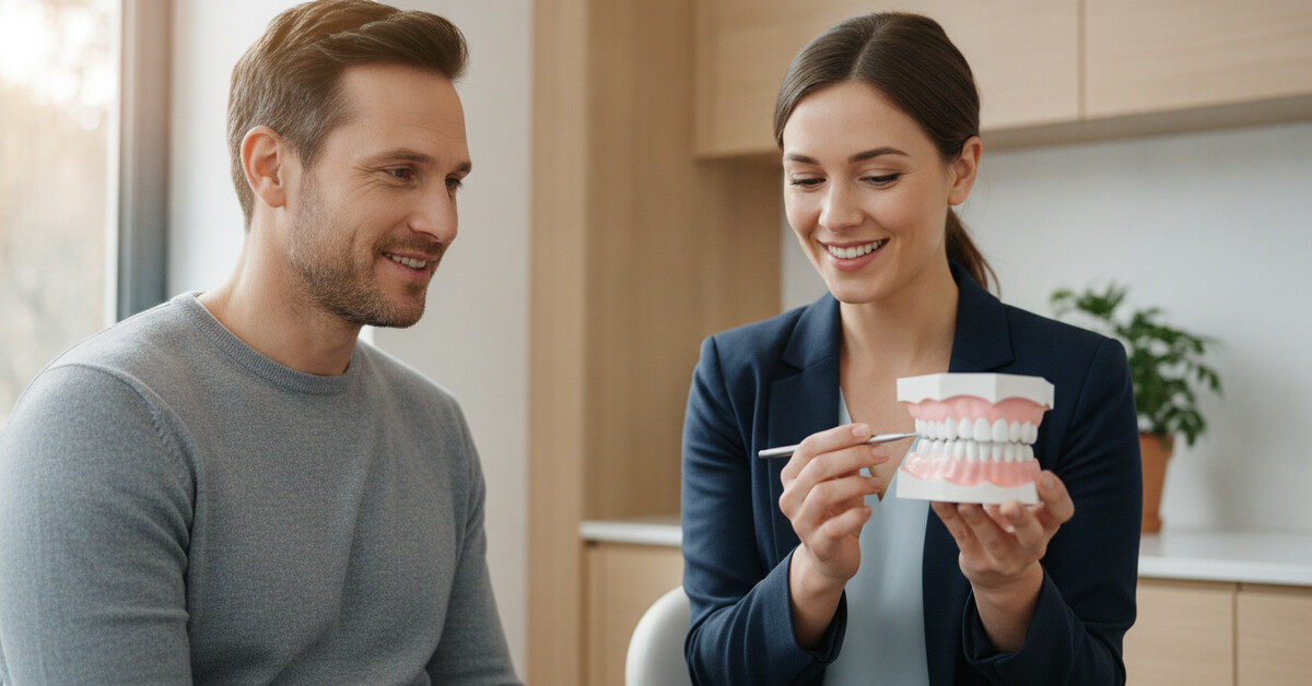Dentist pointing to a healthy gumline on a dental model while reassuring a smiling patient during a gum recession consultation in a warm, modern Denville NJ dental office.