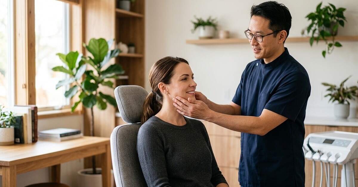 Dentist gently checking a patient's jaw alignment during a neuromuscular dentistry consultation in Denville NJ.