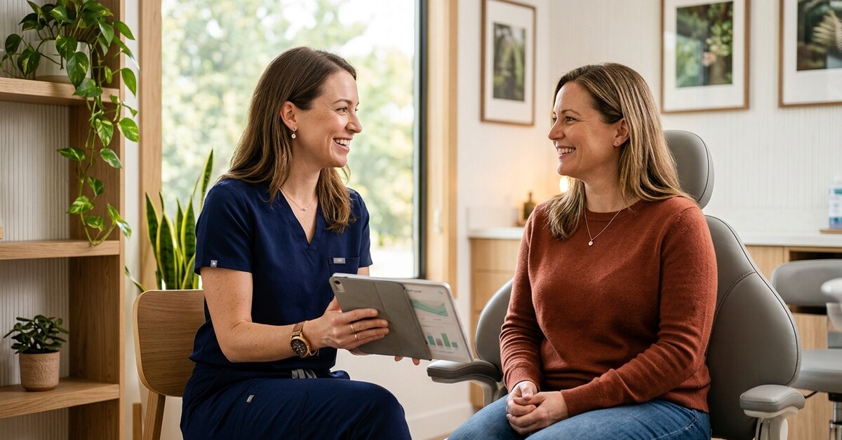 Dentist talking with a woman patient about her dental care needs in a warm, modern Denville NJ dental office.