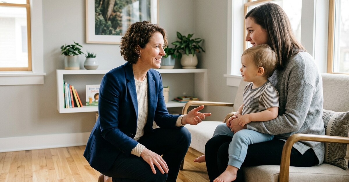 Family dentist reassuring a mother and her toddler during a tongue tie consultation in a warm Denville NJ dental office.
