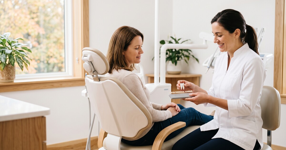Dentist showing a patient a tooth model and tooth-colored filling options during a calm consultation in a warm, modern Denville NJ dental office.