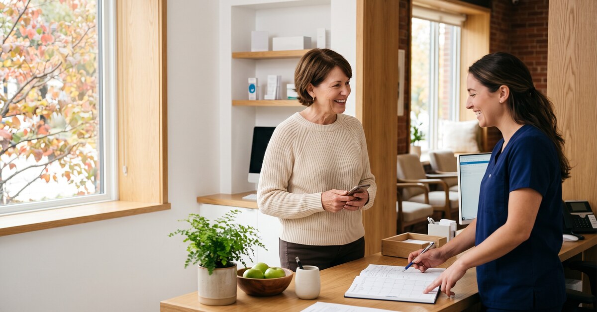 Patient scheduling a year-end dental visit at the front desk of a warm, modern dental office in Denville NJ.
