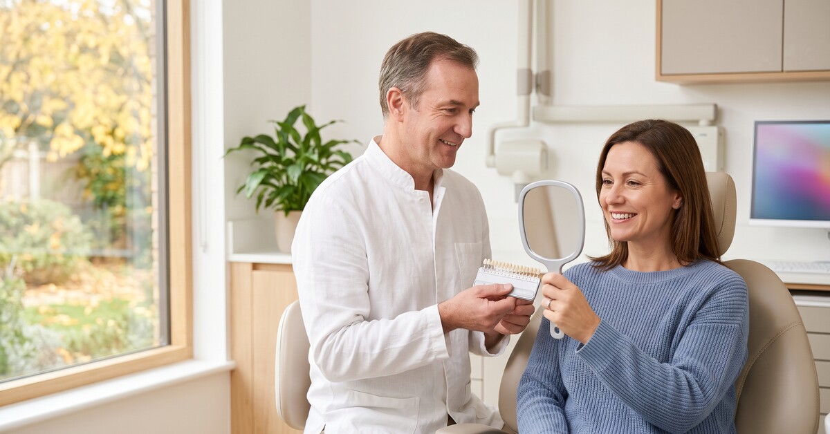 Patient smiling at her reflection in a hand mirror while a dentist holds a tooth shade guide during a cosmetic consultation in a warm, modern Denville NJ dental office.